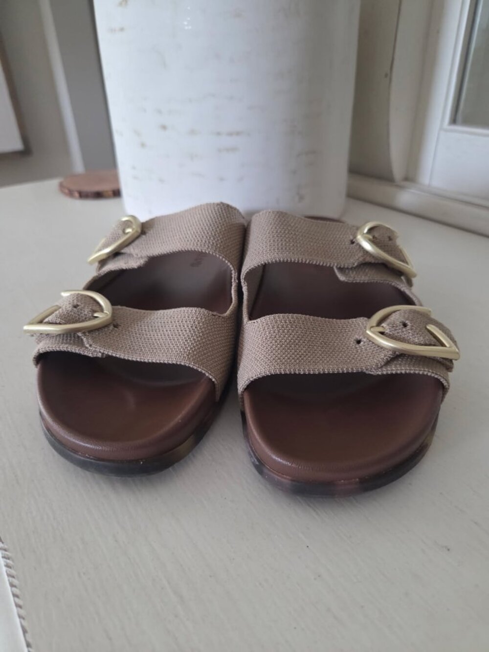 Rothy's The Buckle Slide Sandals in Dune